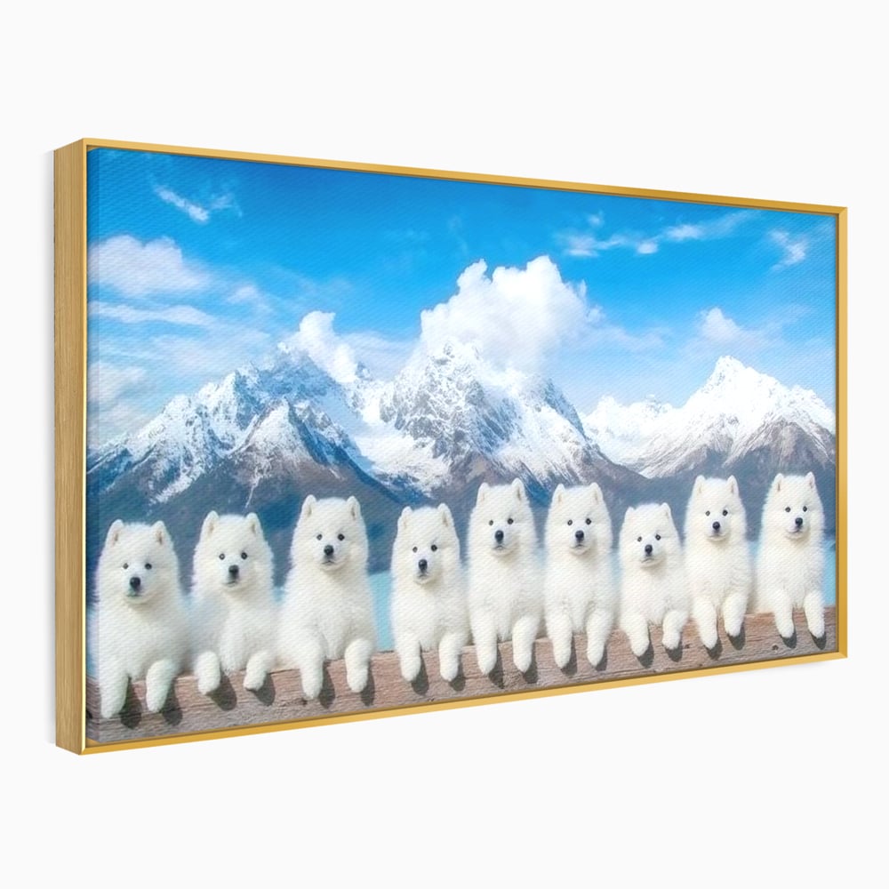 Tablou canvas cu tablou canvas cu sapte catei pe munti, in rama de aluminiu auriu